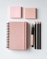 Flat lay of a pink patterned notebook with pens and sticky notes on a white background