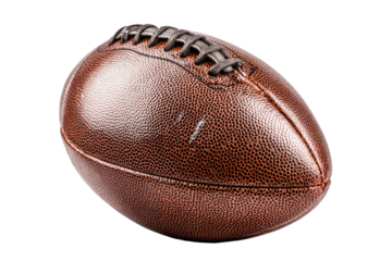 Close-up of a used American football.  Dark brown leather, stitched seams, slightly worn,  isolated on black background