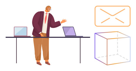 Professional presenting with two laptops on a desk, email icon, and 3D transparent cube. Ideal for technology, communication, teamwork, innovation, business strategy, presentations and modern