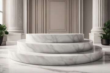 An elegant and radiant photo designed for product presentations, showcasing a sleek white marble podium for a sophisticated look. Generative AI