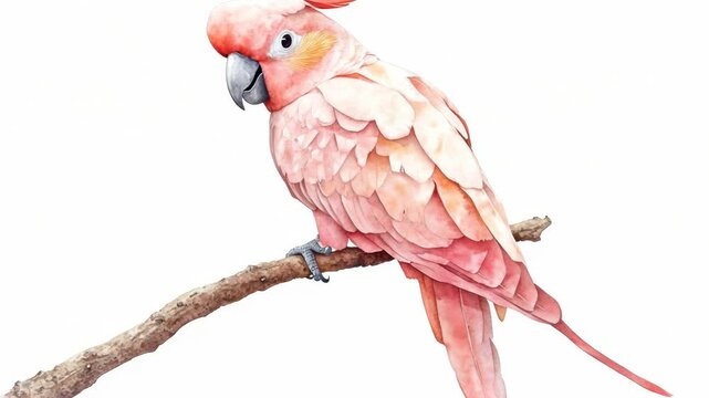A pink parrot perched on a branch, surrounded by lush greenery