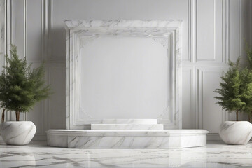 An elegant and radiant photo designed for product presentations, showcasing a sleek white marble podium for a sophisticated look. Generative AI
