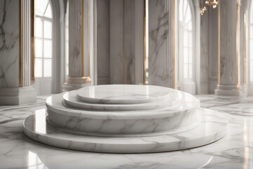 An elegant and radiant photo designed for product presentations, showcasing a sleek white marble podium for a sophisticated look. Generative AI