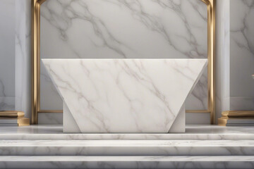 An elegant and radiant photo designed for product presentations, showcasing a sleek white marble podium for a sophisticated look. Generative AI