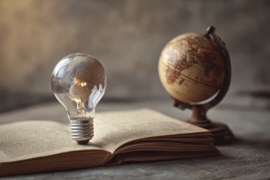 light bulb with the world inside, placed on an open book - Powered by Adobe
