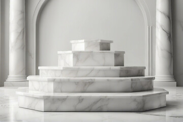 An elegant and radiant photo designed for product presentations, showcasing a sleek white marble podium for a sophisticated look. Generative AI