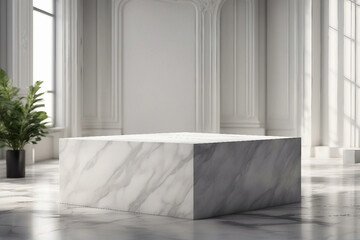 An elegant and radiant photo designed for product presentations, showcasing a sleek white marble podium for a sophisticated look. Generative AI