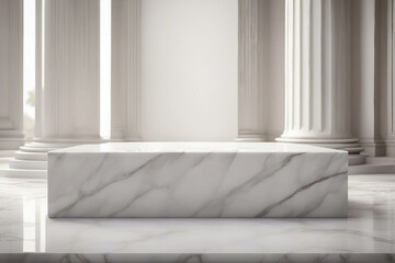 An elegant and radiant photo designed for product presentations, showcasing a sleek white marble podium for a sophisticated look. Generative AI