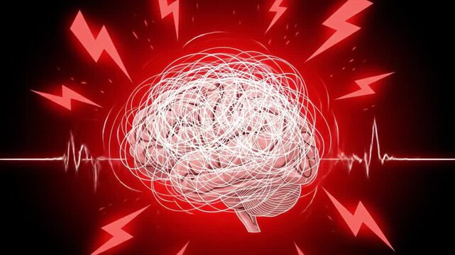 Stressed brain cartoon illustrating anxiety and mental health issues in a red, stylized illustration