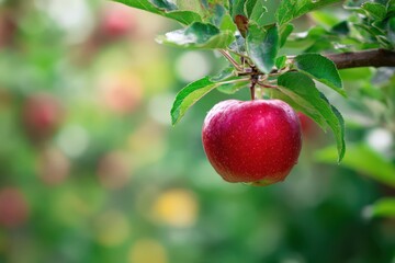 Obraz premium red apple hanging on a tree in an orchard