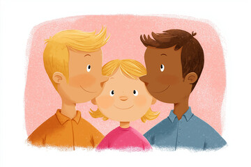 gay male couple with a kid. the illustration style is that of a children's book: simple, cute, and in full color, in high resolution