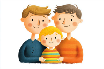 gay male couple with a kid. the illustration style is that of a children's book: simple, cute, and in full color, in high resolution