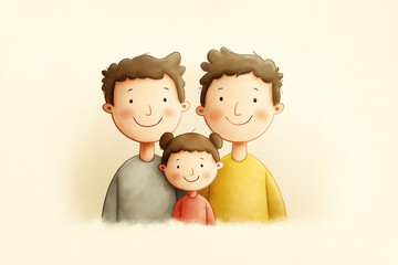 gay male couple with a kid. the illustration style is that of a children's book: simple, cute, and in full color, in high resolution