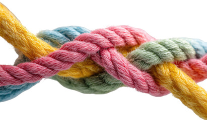 Close-up of colorful ropes intertwined in a knot