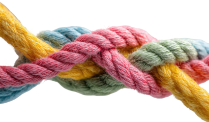 Close-up of colorful ropes intertwined in a knot