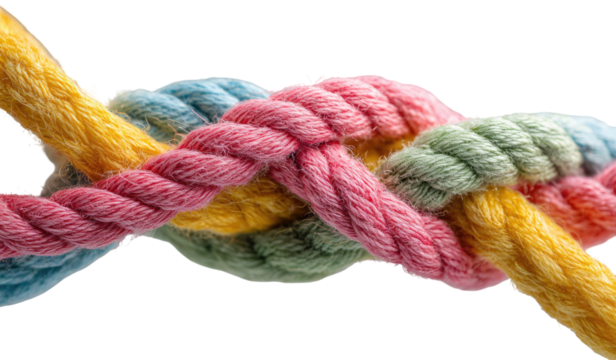 Close-up of colorful ropes intertwined in a knot