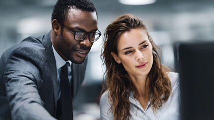 Two diverse business professionals collaborate and discuss a project focused on a computer screen in a modern office setting