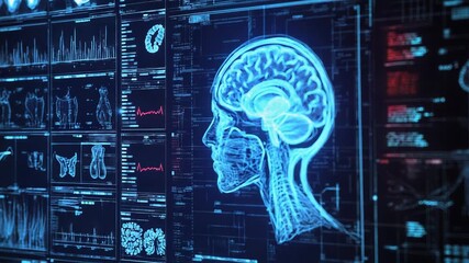 Futuristic head scan displaying brain activity and vital signs - Powered by Adobe