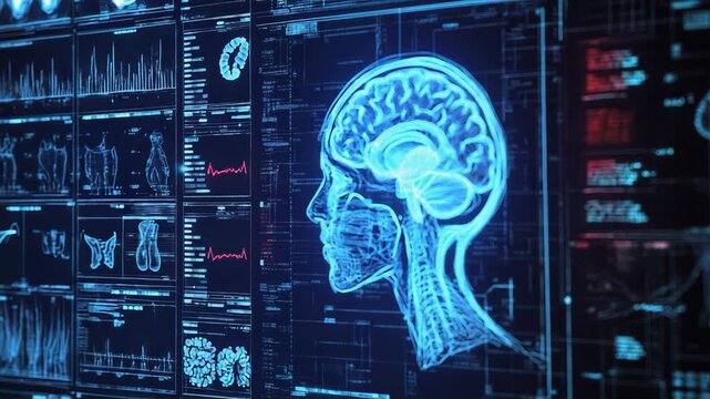 Futuristic head scan displaying brain activity and vital signs