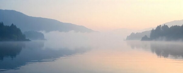Fototapeta premium Misty morning on the Bay, fog rolling in over calm water, reflecting the pale sky Perfect for a peaceful, serene coastal scene , vista, aquatic