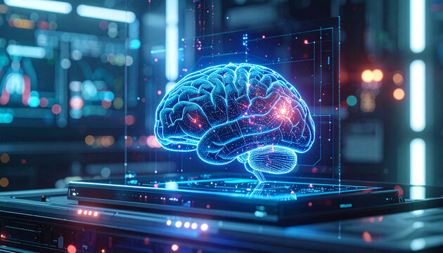 Digital Brain Illustration: An illuminated, digital representation of the brain floats above a digital tablet, hinting at advancements in artificial intelligence, technology, and medical science.