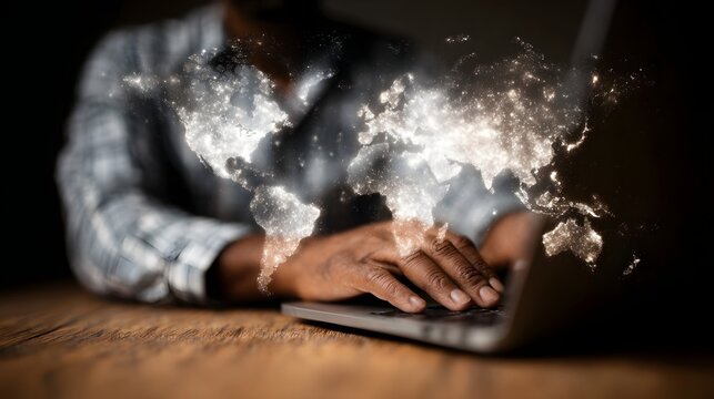 Person typing on a laptop with a glowing digital world map overlay symbolizing global connection and technological reach