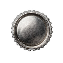 Close-up of a metallic bottle cap.  Circular,  ridged metal,  smooth top,  dark background