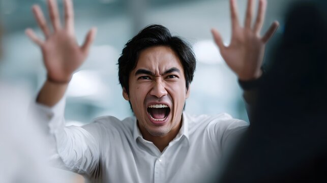 Angry professional man shouting with hands raised in a gesture of frust n or exaspe n during a tense workplace meeting or discussion