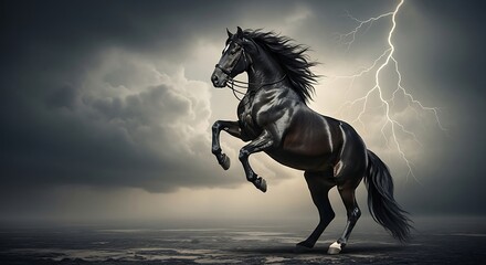 Powerful black horse rearing against a dramatic stormy sky.
