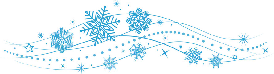 Snowflakes border in wave shape . Blue snowflakes with stars border . Beautiful snowflakes wave vector . Christmas decoration .	