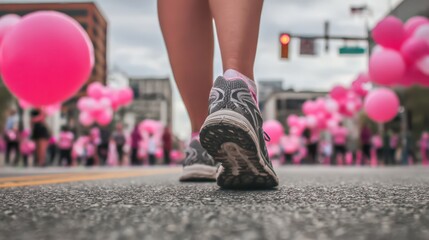 a female runner's shoes during a cancer run race
