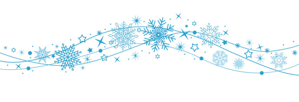 Snowflakes border in wave shape . Blue snowflakes with stars border . Beautiful snowflakes wave vector . Christmas decoration .	