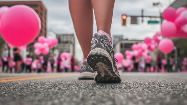 a female runner's shoes during a cancer run race