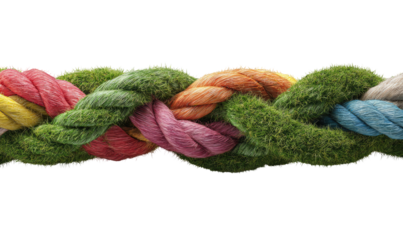 Multicolored braided ropes intertwined with patches of vibrant green moss