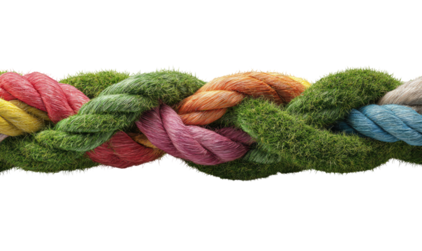 Multicolored braided ropes intertwined with patches of vibrant green moss