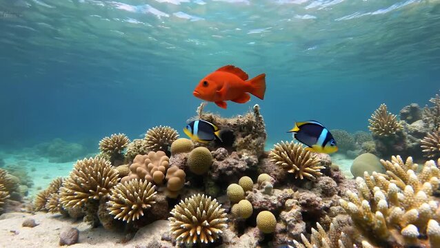 cinematic 4k underwater view of a houndfish swimming gracefully near a coral reef accompanied by small cleaner fish under crystal clear turquoise waters capturing marine biodiversity tropical