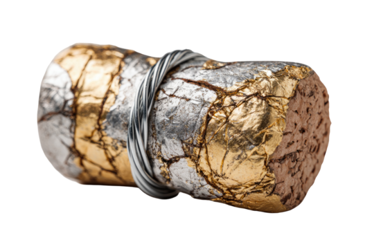 Close-up of a wine cork, adorned with gold and silver leaf, encircled by a metallic band
