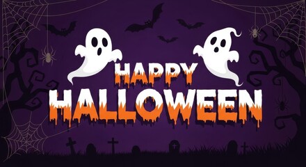 Fototapeta premium Happy halloween text with ghosts and bats on a spooky purple background with cobwebs and crosses