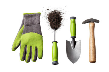 Gardening tools and gloves displayed.  Green and gray work glove, dark brown soil clump exploded from a small digging tool, and a small shovel.  Wooden handle on the shovel