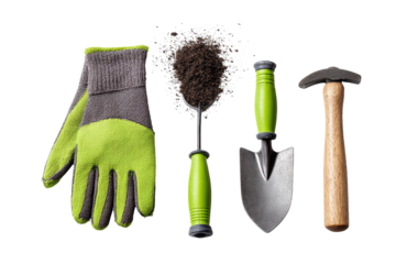 Gardening tools and gloves displayed.  Green and gray work glove, dark brown soil clump exploded from a small digging tool, and a small shovel.  Wooden handle on the shovel