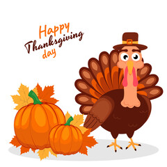 Happy Thanksgiving, Autumn, Turkey in a hat, Pumpkin, yellow and red leaves, berries, on a white background, seasonal discounts, for advertising, greetings, and marketing, vector