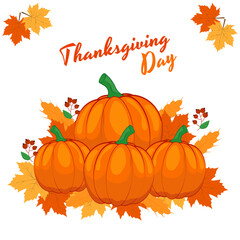 A bright vector composition with orange pumpkins, autumn leaves, and berries. An autumn festive design for Thanksgiving, Halloween, harvest, and seasonal decorations. 