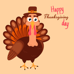 Cute turkey in a hat against a background with the inscription Happy Thanksgiving Day. Bright festive vector design for greetings, cards, banners, and decorations for Thanksgiving