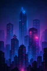 Obraz premium Diverse skyscrapers illuminate a dark city skyline with vibrant neon blue and magenta lights at night
