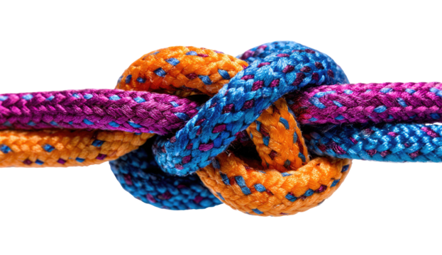 Close-up of a colorful knot.  Two intertwined ropes, vibrant orange, purple, and blue, form a tight knot