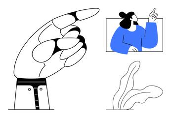 Large hand pointing forward, woman raising finger in a window-thumbs up frame, and minimalist plant below. Ideal for direction, guidance, interaction, decision-making, communication, teamwork