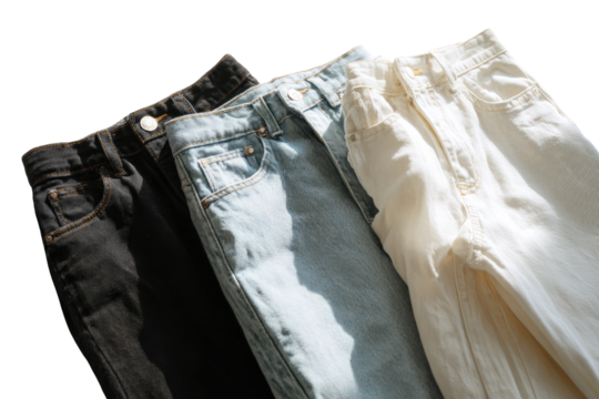 Three pairs of folded jeans in black, light blue, and cream, laid horizontally, showing fabric texture and details