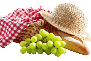 Picnic basket with grapes, bread, and straw hat (2)