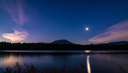 Nighttime lake view with mountain and moon