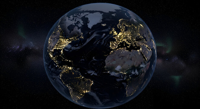 Tampilan Bumi dari Luar Angkasa dengan Pola Jaringan Teknologi, Earth from Space with Technology Grid